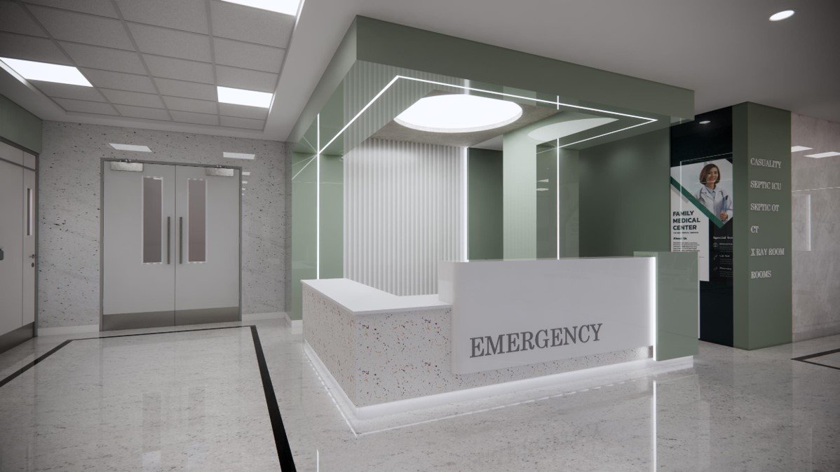 Modern medical facility building with sleek black and white architectural design, glass facade reflecting a cloudy sky, surrounded by minimalistic landscaping